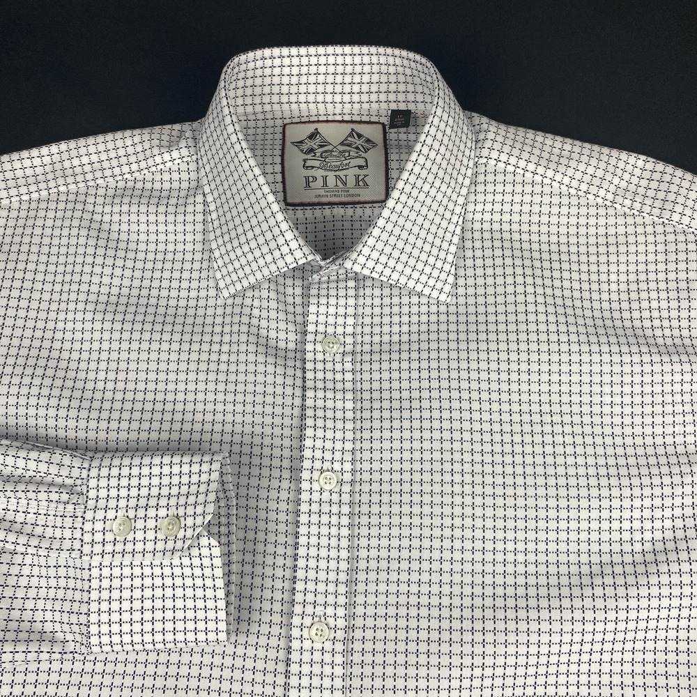 Thomas Pink Dress Shirt Mens 17 White w/Black Checks Slim Fit 100% Cotton